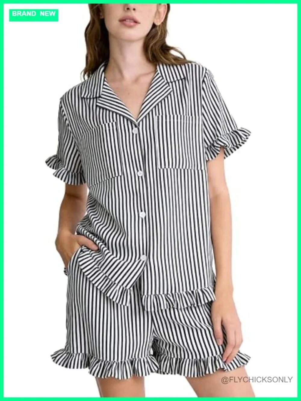Striped Pajamas for Women Short Sleeve Ruffle Set 2 Piece Cotton Lounge Pjs